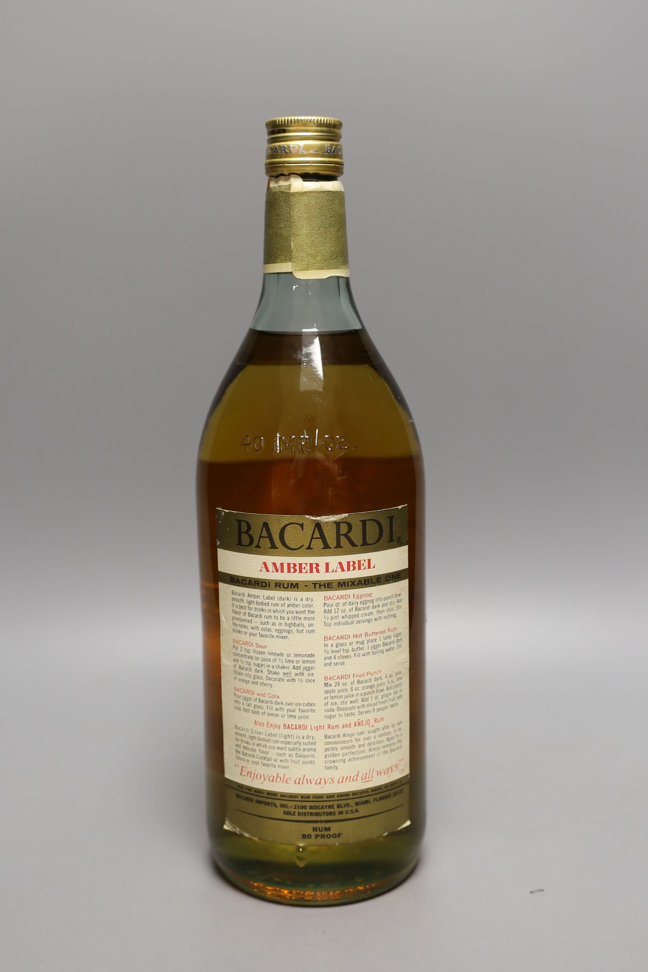 Amber label ‘Ron Bacardi Superior’, 40 IMP. Oz.